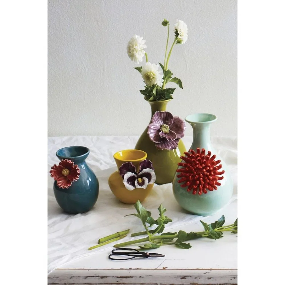 Anthropologie Yellow Ceramic Bud Vase with Purple & White Floral Accent